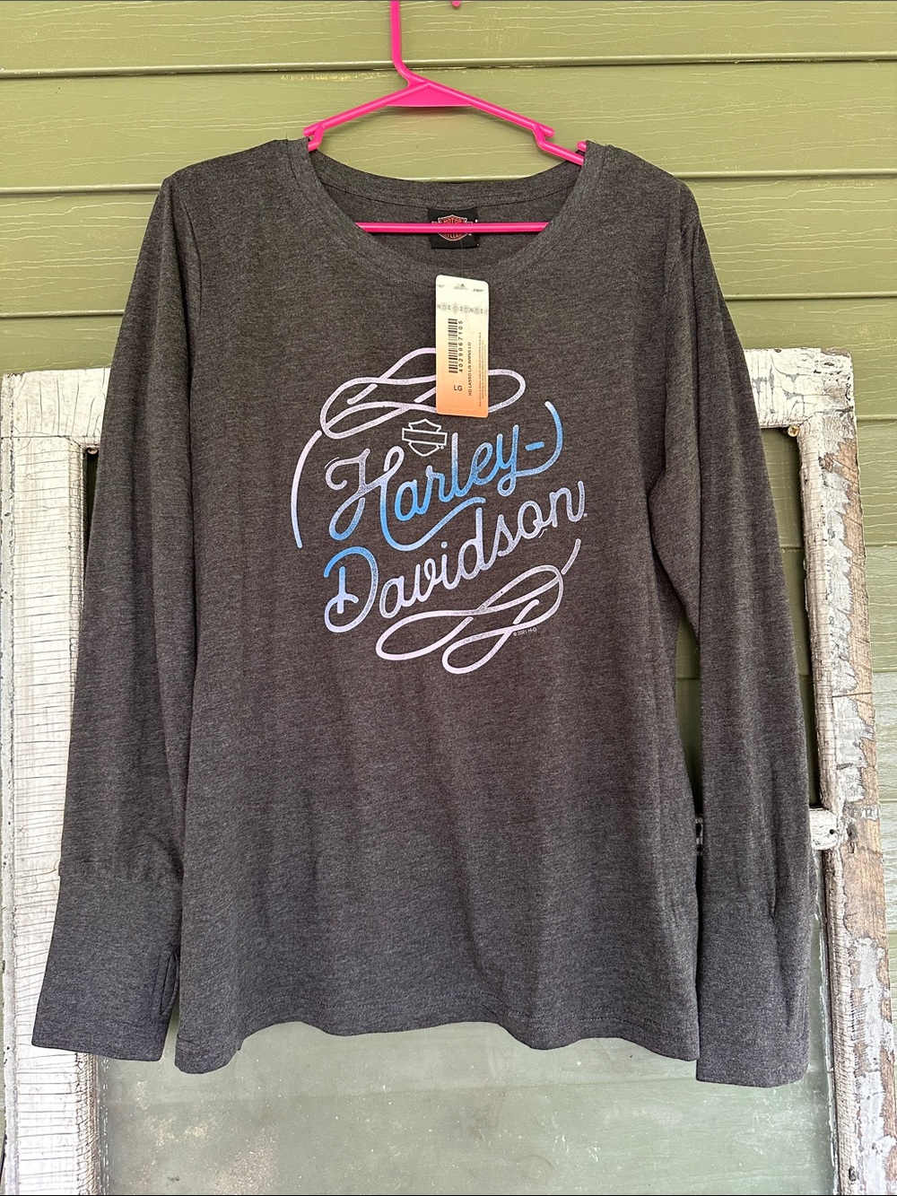 Harley-Davidson Charcoal Long Sleeve Tee with Light Blue Script Logo
